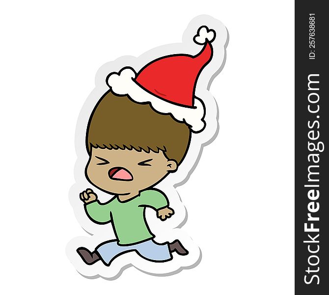 Sticker Cartoon Of A Stressed Man Wearing Santa Hat