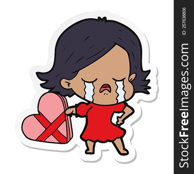 sticker of a cartoon girl crying over valentines