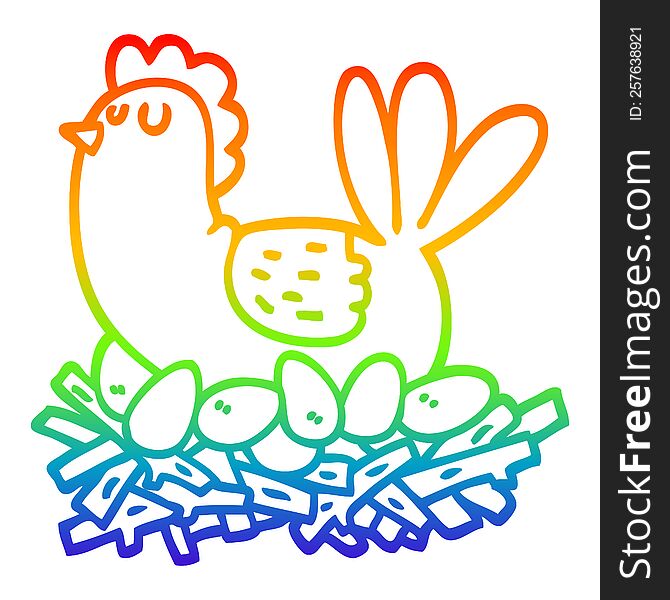 rainbow gradient line drawing of a cartoon chicken on nest of eggs