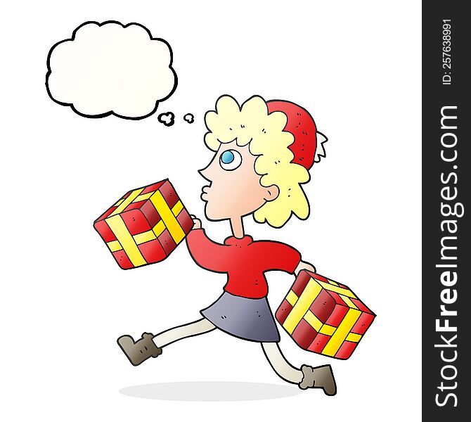 thought bubble cartoon running woman with presents