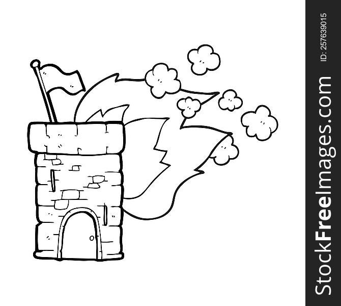 freehand drawn black and white cartoon burning castle tower