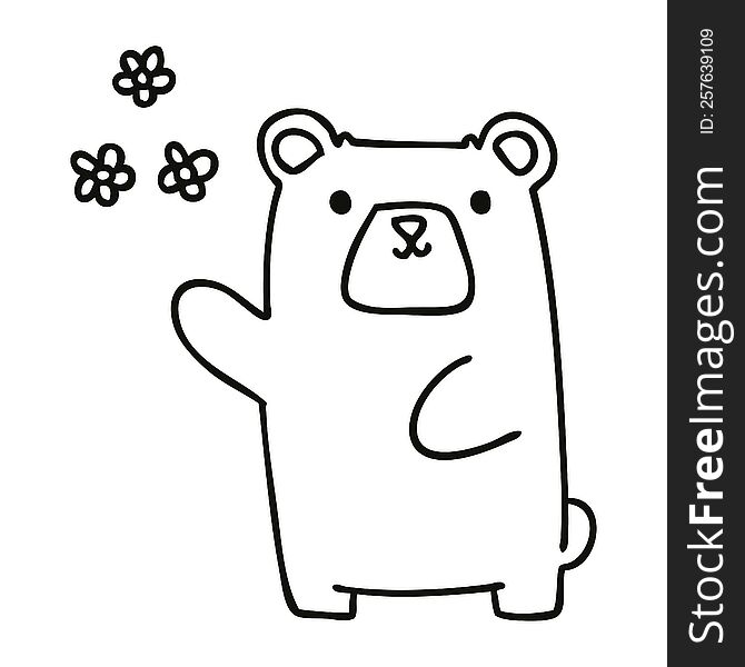 line drawing quirky cartoon bear and flowers. line drawing quirky cartoon bear and flowers