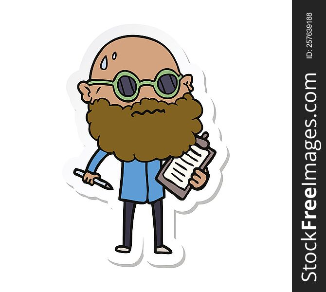 sticker of a cartoon worried man with beard and sunglasses taking survey