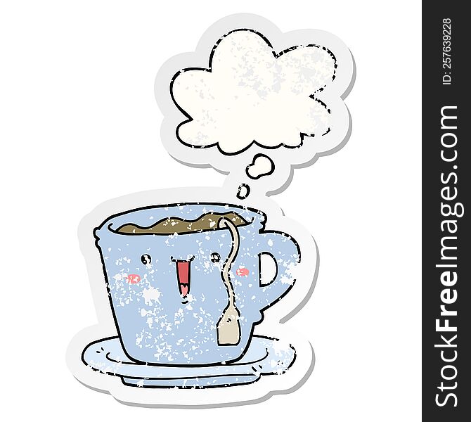 Cute Cartoon Cup And Saucer And Thought Bubble As A Distressed Worn Sticker