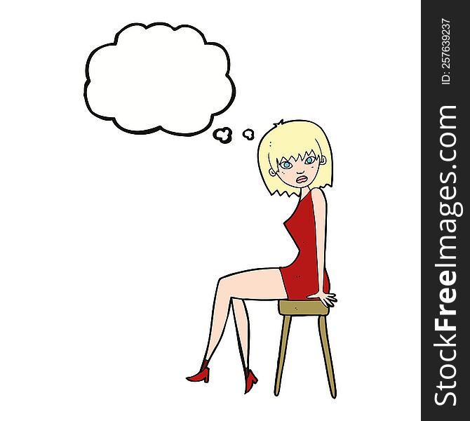 Cartoon Woman Sitting On Stool With Thought Bubble