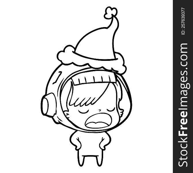 Line Drawing Of A Astronaut Woman Explaining Wearing Santa Hat