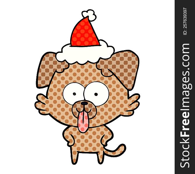hand drawn comic book style illustration of a dog with tongue sticking out wearing santa hat