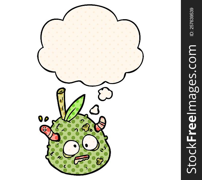 cartoon old pear with thought bubble in comic book style