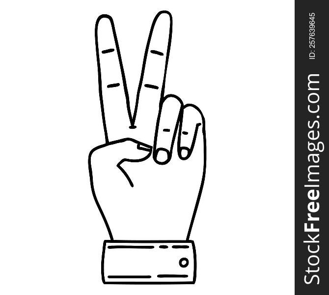 Black and White Tattoo linework Style peace symbol two finger hand gesture. Black and White Tattoo linework Style peace symbol two finger hand gesture