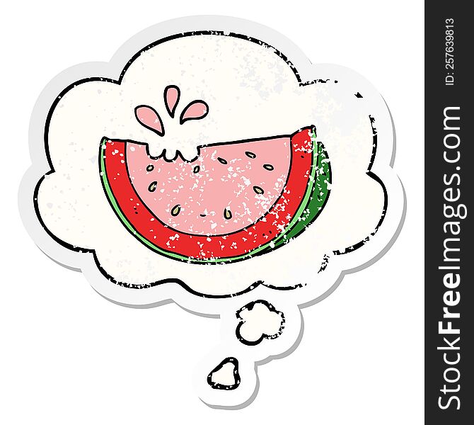 cartoon watermelon with thought bubble as a distressed worn sticker