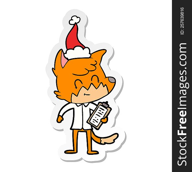 hand drawn sticker cartoon of a friendly fox manager wearing santa hat