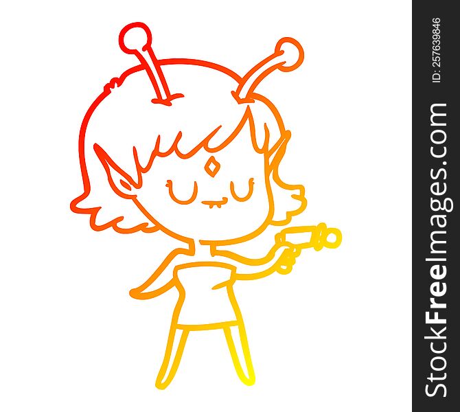 warm gradient line drawing of a cartoon alien girl with ray gun
