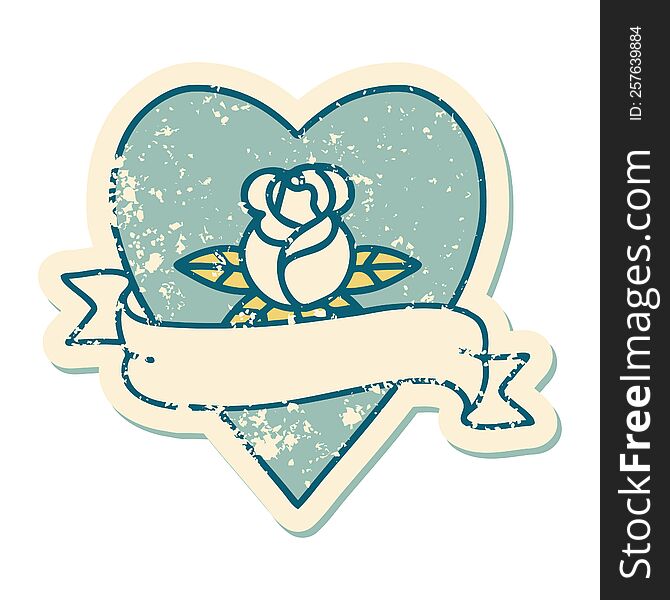Distressed Sticker Tattoo Style Icon Of A Heart Rose And Banner