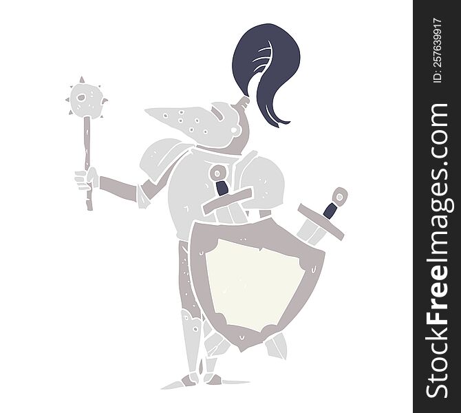 Flat Color Illustration Of A Cartoon Medieval Knight With Shield