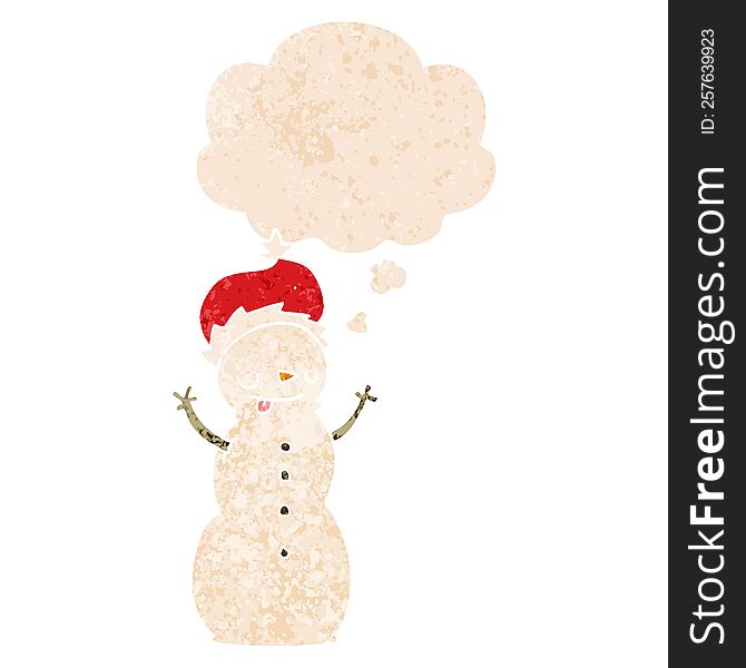 cartoon christmas snowman with thought bubble in grunge distressed retro textured style. cartoon christmas snowman with thought bubble in grunge distressed retro textured style