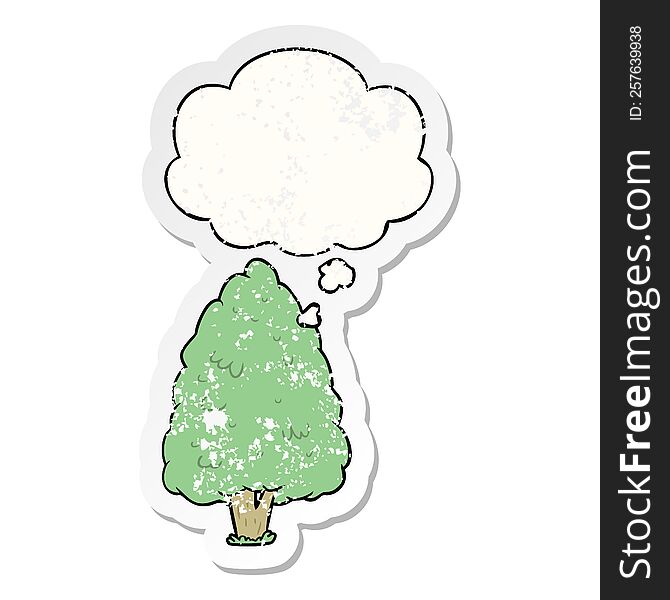 cartoon tall tree with thought bubble as a distressed worn sticker
