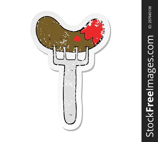 Distressed Sticker Of A Cartoon Sausage On Fork