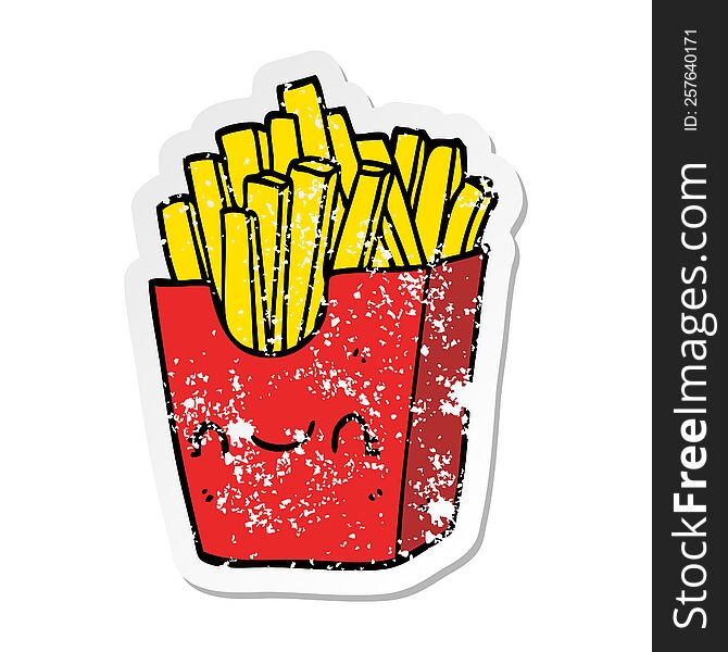 distressed sticker of a cartoon fries in box