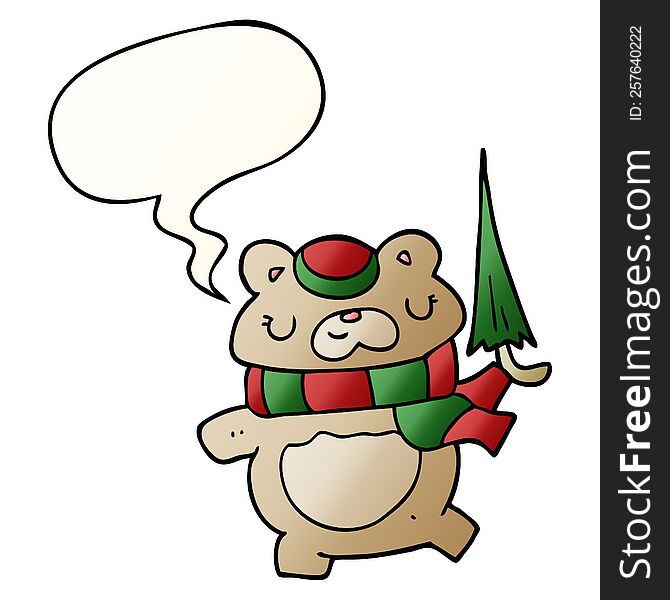 Cartoon Bear And Umbrella And Speech Bubble In Smooth Gradient Style