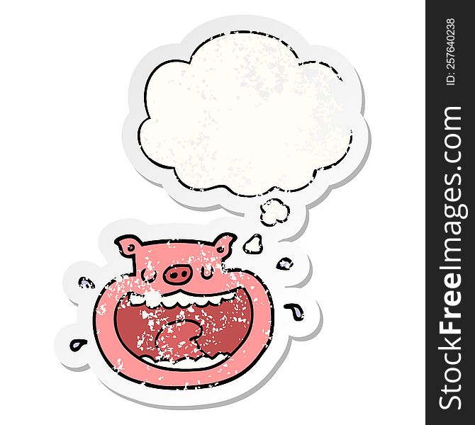 Cartoon Obnoxious Pig And Thought Bubble As A Distressed Worn Sticker