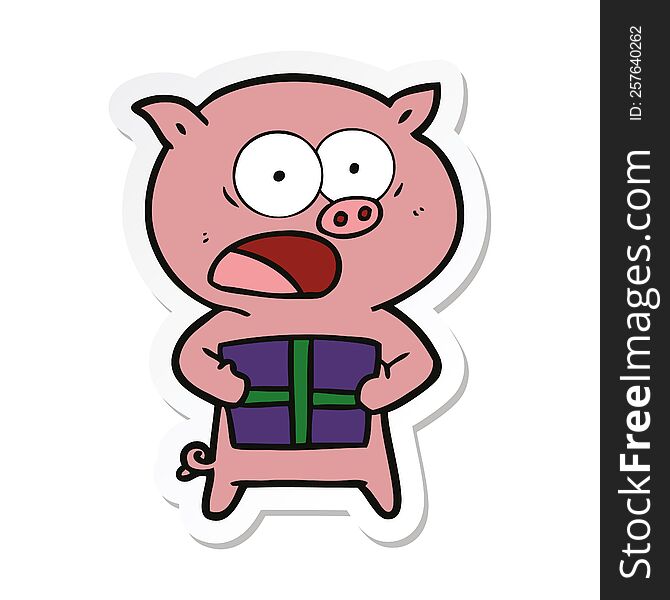 Sticker Of A Cartoon Pig With Christmas Present