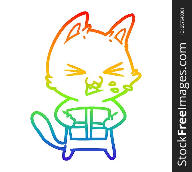 rainbow gradient line drawing of a cartoon hissing cat with christmas present
