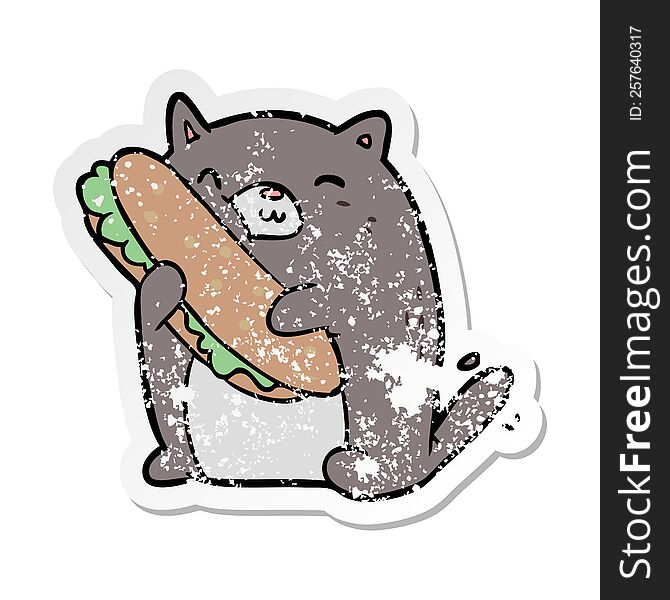 distressed sticker of a cartoon cat with sandwich
