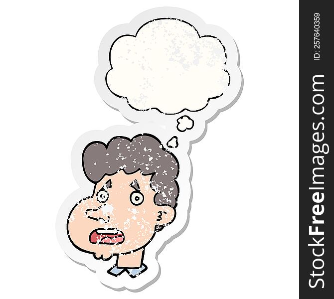 Cartoon Shocked Man And Thought Bubble As A Distressed Worn Sticker