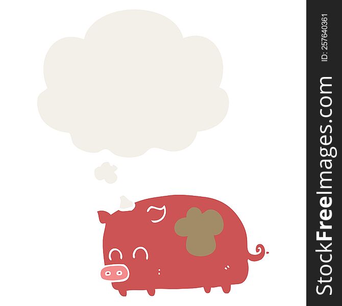 cute cartoon pig with thought bubble in retro style