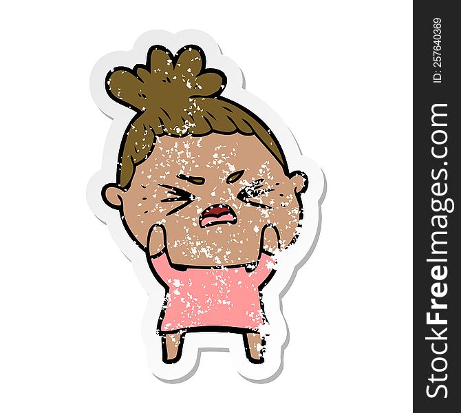 Distressed Sticker Of A Cartoon Angry Woman