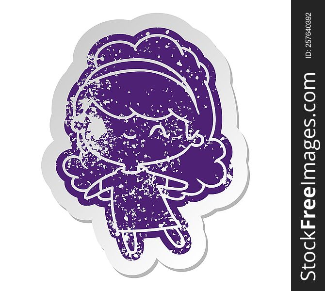 Distressed Old Sticker Kawaii Girl With Head Band
