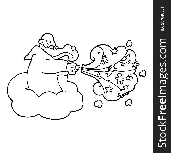 line drawing cartoon god on cloud