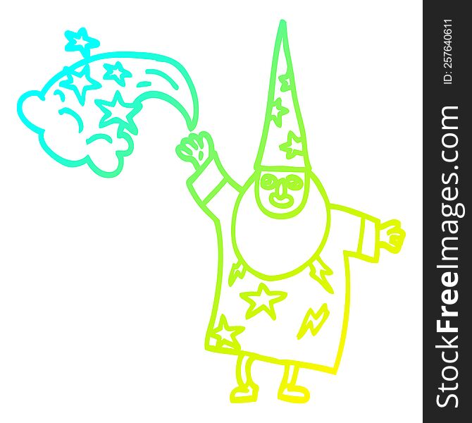 cold gradient line drawing of a cartoon wizard casting spell