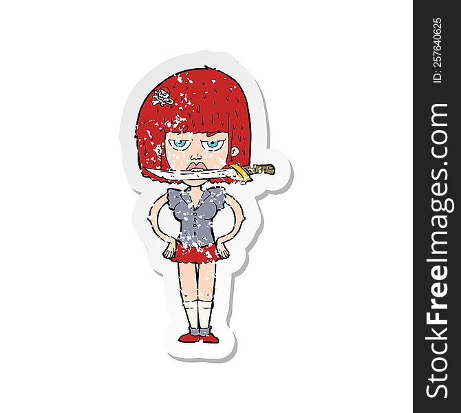 retro distressed sticker of a cartoon woman with knife in teeth