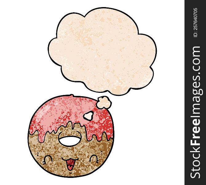 Cute Cartoon Donut And Thought Bubble In Grunge Texture Pattern Style