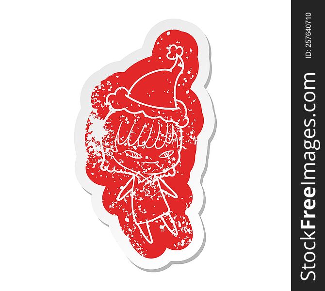 quirky cartoon distressed sticker of a woman wearing santa hat