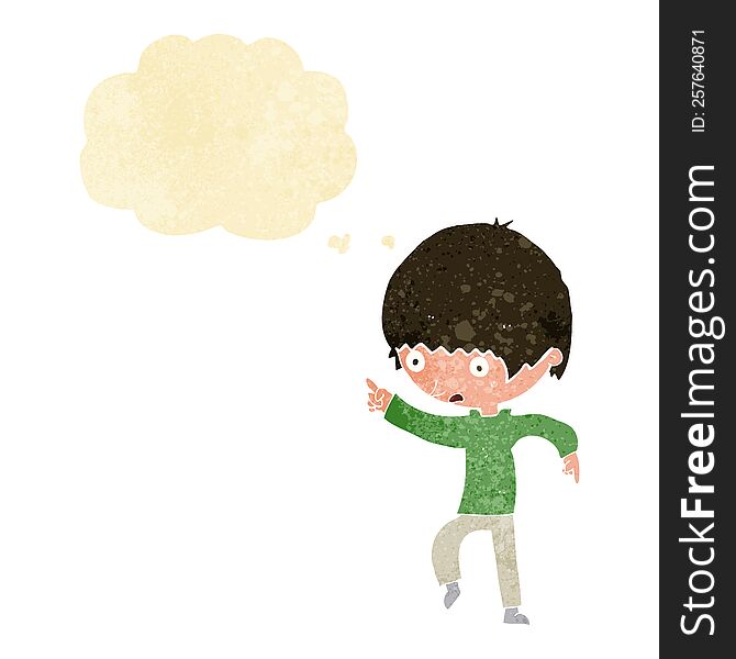 Cartoon Worried Boy Pointing With Thought Bubble