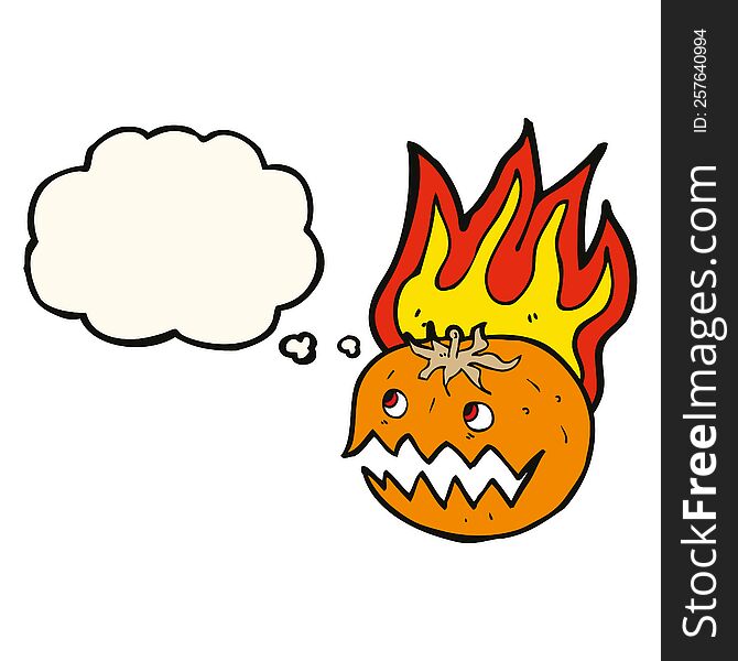 cartoon flaming pumpkin with thought bubble