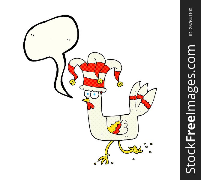 freehand drawn comic book speech bubble cartoon chicken running in funny hat