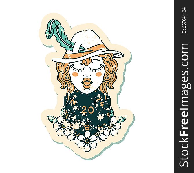 grunge sticker of a human bard with natural 20 dice roll. grunge sticker of a human bard with natural 20 dice roll