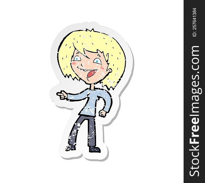 retro distressed sticker of a cartoon woman laughing and pointing