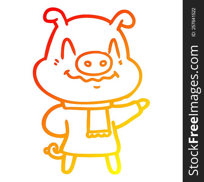 warm gradient line drawing of a nervous cartoon pig wearing scarf