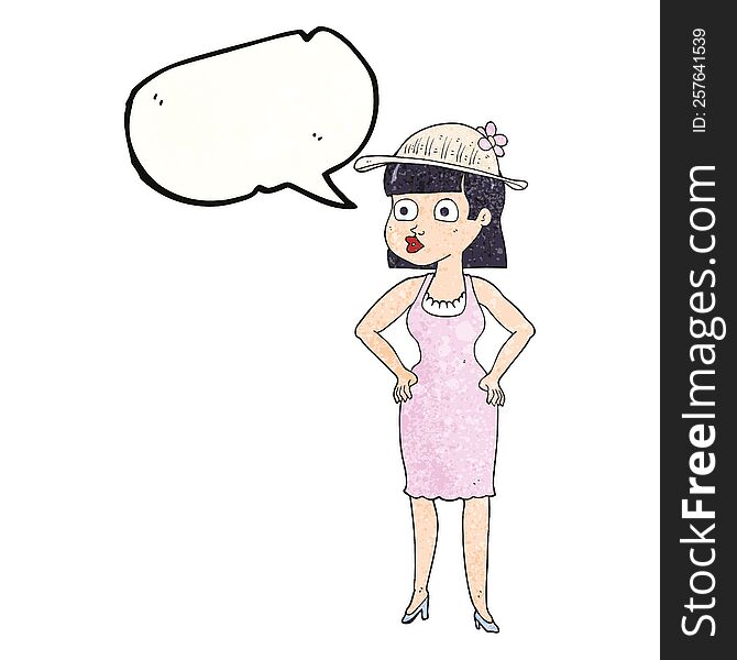freehand speech bubble textured cartoon woman wearing sun hat