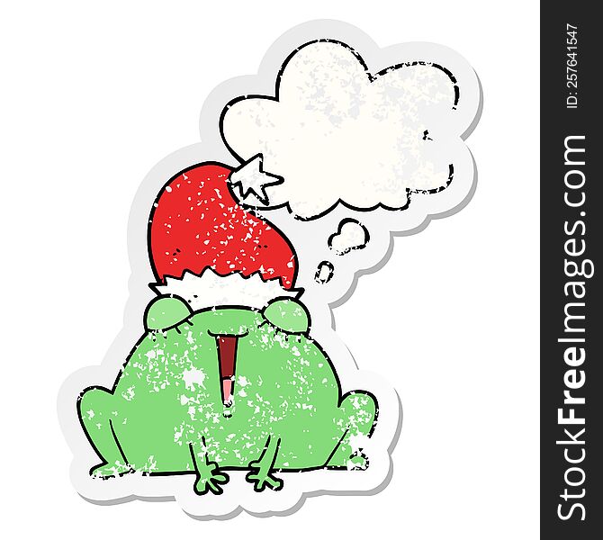 Cute Cartoon Christmas Frog And Thought Bubble As A Distressed Worn Sticker