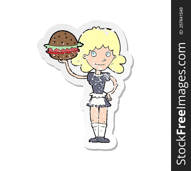 retro distressed sticker of a cartoon waitress with burger