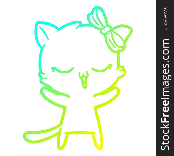 cold gradient line drawing of a cartoon cat with bow on head