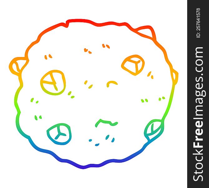 rainbow gradient line drawing of a cartoon chocolate chip cookie