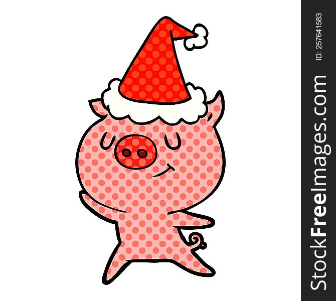Happy Comic Book Style Illustration Of A Pig Wearing Santa Hat