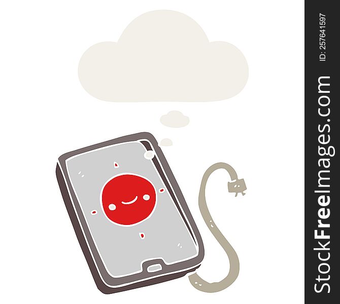cartoon mobile phone device with thought bubble in retro style