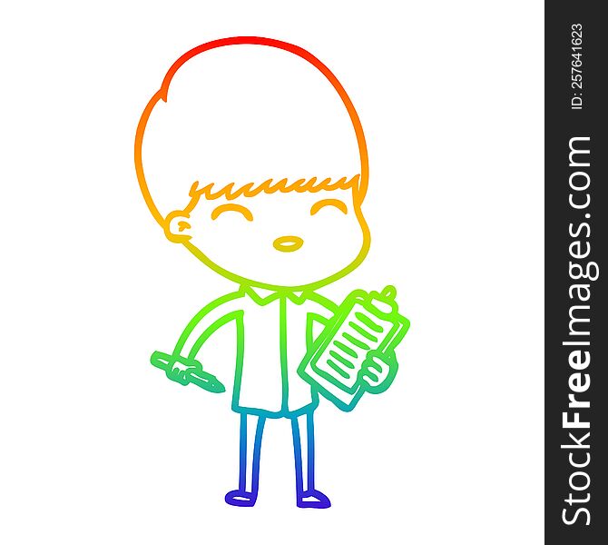rainbow gradient line drawing of a cartoon boy taking notes